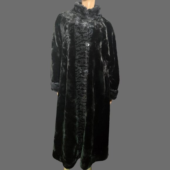 Vintage 90s Y2K Black Full Length Faux Fur Coat Size M Plush Velvety Glam Winter - Picture 2 of 13